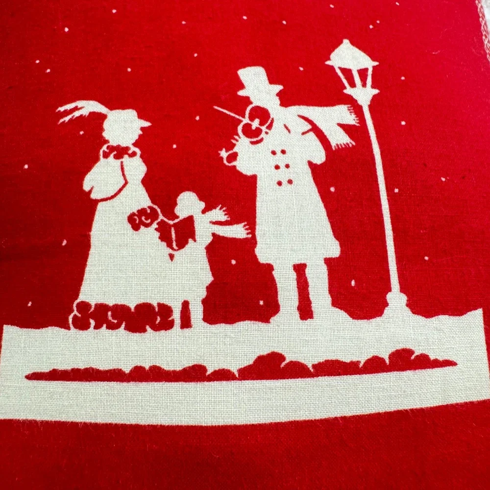 Vintage 80s Christmas Carolers Throw Pillow‎ Red White Victorian Lace Trim 8x8